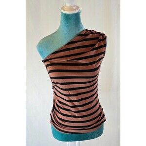 Women's Slim Fit One Shoulder Tank Top Brown black Stripe Size Small NWT